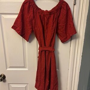 Banana Republic Off Shoulder Belted Midi Dress, Linen Blend, Tall Boat Neck, Med